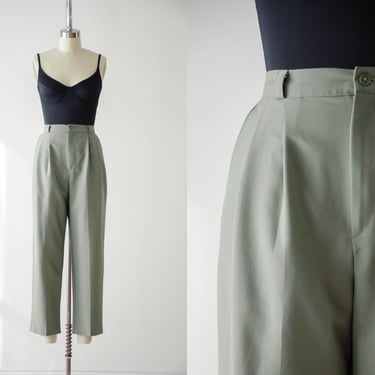 high waisted pants | 80s 90s vintage light sage green cottagecore academia pleated straight leg trousers 