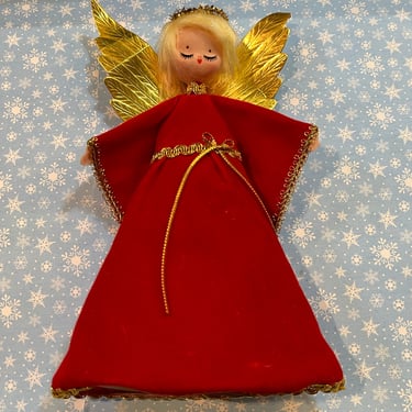 1960s felt angel tree topper kitsch red spun head doll Christmas angel 