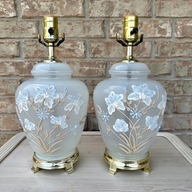 Vintage Pair of Frosted Glass Ginger Jar Lamps Decorated with Hand Painted Florals 
