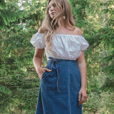 70s 80s Vintage Denim Wrap Skirt | High Waisted Tie Waist Blue Jean Skirt With Pockets | Koret City Blues | Small - Medium 