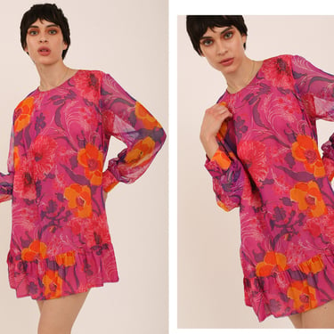 Vintage 1960s 60s Bright Pink Psychedelic Floral Shift Ruffle Hem Silk Mini Dress w/ Sheer Balloon Sleeves 