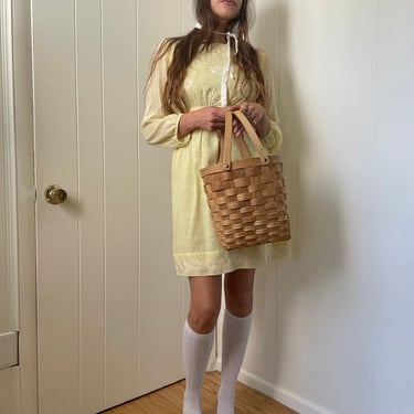 1960s Yellow Embroidered Daisy Mini Dress with Long Sleeves size x-small 