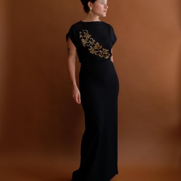 Vintage 40s Sequined Crepe Rayon Gown/ 1940s Black Boat Neck Dress/ Size Small 