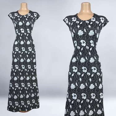 VINTAGE 70s Silver Metallic Lurex and Black Botanical Maxi Dress | 1970s Long Hostess Disco Dress | VFG 