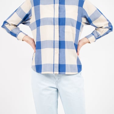 1980s Diane von Furstenberg DVF Blue Plaid Button Down Shirt