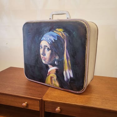 Hand painting on a vintage suitcase bag "Girl with a banana earring"