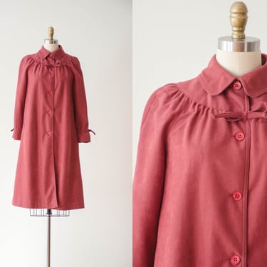 terra cotta coat | 70s 80s vintage microsuede rose pink orange tie neck long lightweight jacket 