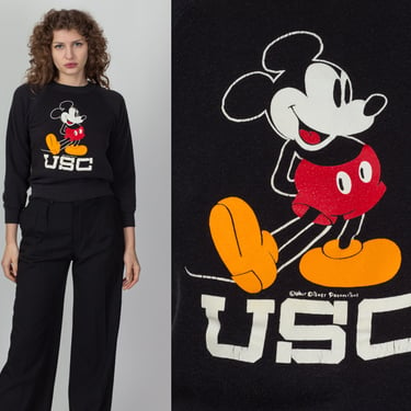 90s Mickey USC Sweatshirt - Petite XS | Vintage Black Disney Cropped Graphic Pullover 