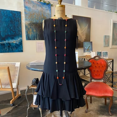 1960s black cocktail dress, Neiman Marcus, vintage 60s dress, mod style, 60s does 20s, flapper girl, 1920s style dress, drop waist, tiered 