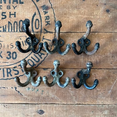 Set of 6 Antique Cast Iron Coat Hooks Salvaged Hardware 