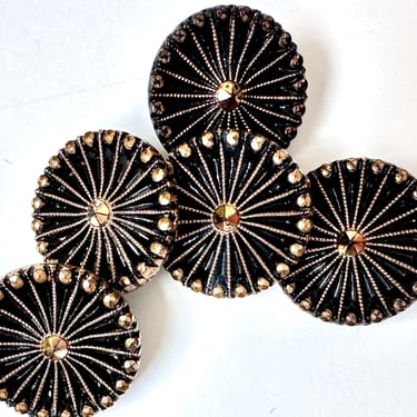 Vintage Black and Gold Lustre Pressed Glass Buttons Set of Five 