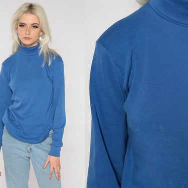 Blue Turtleneck Shirt 80s 90s Top Long Sleeve Shirt 1980s Basic Sweater Normcore Pullover 1990s Vintage Simple Plain Layering Top Medium M 