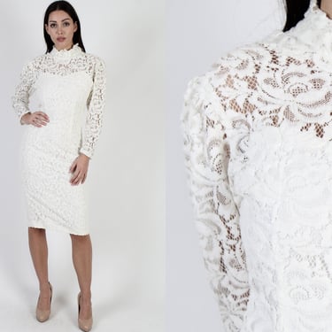 80s Glamorous Sheer White Formfitting Lace Mini Wedding Dress 