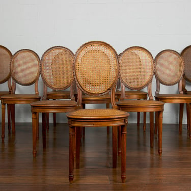 Antique French Louis XVI Style Walnut Caned Dining Chairs - Set of 10 