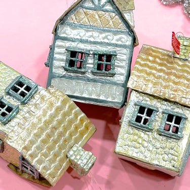 VINTAGE: 3pcs - Small House Ornaments by Silvestry - Light Covers - Cardboard Houses - Christmas Decor - Holiday 