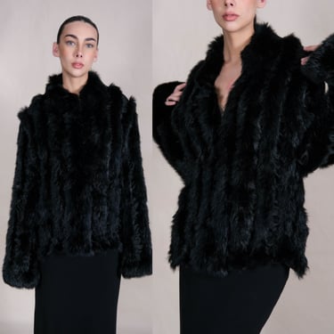 Vintage 90s CEDRICS Black Rex Rabbit Fur Stripe Puckered Zipped Front Jacket | 100% Genuine Rabbit Fur | 1990s Designer Chic Fur Coat 