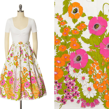 Vintage 1960s Skirt | 60s Floral Border Print Cotton White High Waisted Pleated Full Swing Skirt (small) 