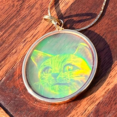 Vintage Hologram Pendant Cat 9k Gold Frame Rare Unique Jewelry Necklace Gift Kitty Cats 