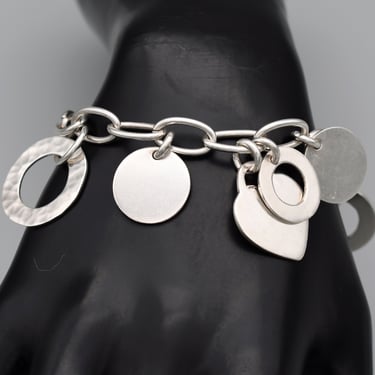 Heavy 90's sterling geometric charm bracelet, edgy Mexico 925 silver discs cut out circles & heart bracelet 