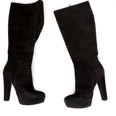 38 Barney's New York Black PLATFORM, Made In Italy, Suede Leather Knee High Boots, 1970's style, Size 7 US, High Heels, Stiletto Boots 
