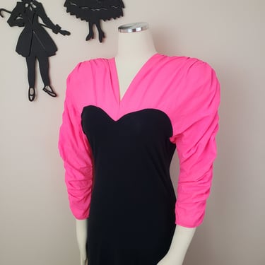 Vintage 1980's Neon New Wave Dress / 80s Hot Pink Puff Sleeve Dress S 