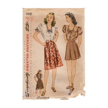 Vintage 1944 Simplicity Sewing Pattern 4981, Misses' and Women's Pleated Shorts, Front Button Skirt, Peasant Blouse & Jumper, Size 12, VFG 