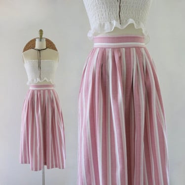 petal stripe skirt - 24 - vintage womens extra small vintage 80s 90s pink striped below knee midi summer cute cottage skirt with pockets 