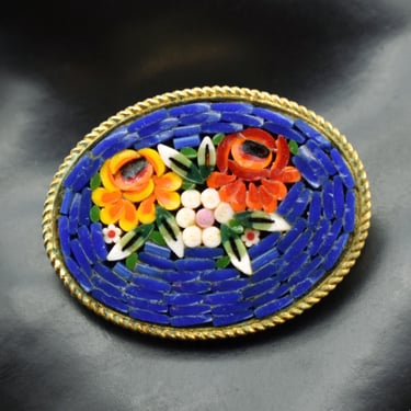 50's micro mosaic gold plate flowers brooch, vibrant blue background detailed floral saftey pin statement 