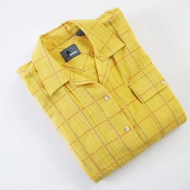 Vintage 80s Yellow Plaid Button Up M - Liz Claiborne Womens Long Sleeve Checkered Blouse - Preppy 