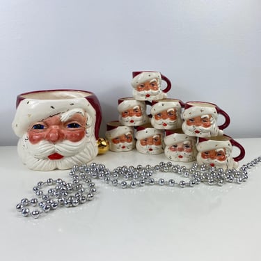 Vintage Hand Painted MCM Santa Claus Punch Bowl w/8 Santa Face Mugs, Ceramic Hand painted Santa Mugs, Holiday Decor, Kitschy Christmas Santa 