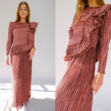 Vintage 80s Mary McFadden Dusty Mauve Silk Fortuny Plisse Long Sleeve Maxi Dress w/ Asymmetrical Swoop Detail | 1980s Designer Couture Gown 