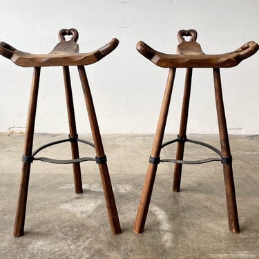 Pair of Primitive Carved Wood “Birthing” Bar Stools 