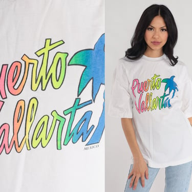 Neon Puerto Vallarta T Shirt Y2K Mexico Tshirt Surfer Spell Out Shirt Palm Tree Graphic T Shirt Vintage Surf Shirt Spellout Large 
