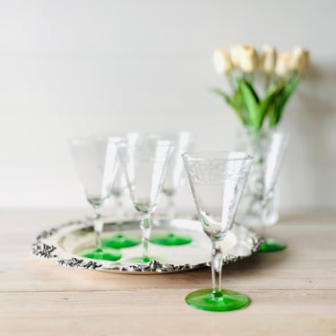 1930's Uranium / Vaseline Needle Etched Optic Glass Stemware Champagne / Wine Glasses Set of 6 