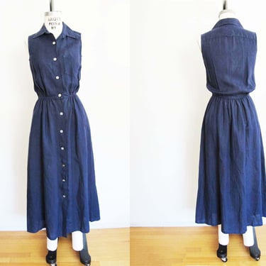 Vintage 90s Navy Blue Linen Midi Dress S - 1990s Sleeveless Button Front Long Linen Sundress - Simple Minimalist Style 