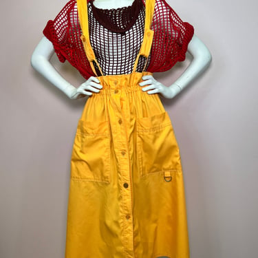 Vtg 80s yellow cotton suspender skirt 