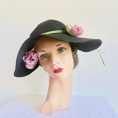 1950's Black Fabric Floppy Wide Brim Hat Open Crown Pink Silk Roses Trim 50's spring Summer Millinery Rockabilly Pin Up Gertrude Keelor 