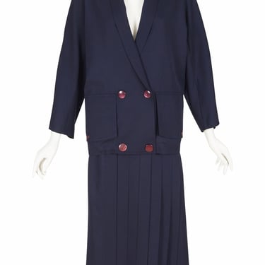 Anne-Marie Beretta 1980s Vintage Navy Wool Gabardine Pleated Skirt & Jacket Set Sz XS 