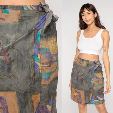 90s Abstract Skirt Boho Grey Faux Wrap Skirt Art Print Grunge Hippie Festival Skirt Vintage 1990s Liberty House Hawaii Small Medium 