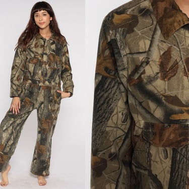 Mossy Oak Camo Coveralls 80s Hunting Outfit Army Jumpsuit Military Camouflage Boiler Suit 1980s Vintage Long Sleeve Green Extra Small XS 