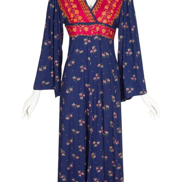 1970s Vintage Kuchi Floral Hand Embroidered Navy Cotton Maxi Dress 