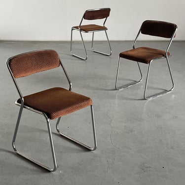1 of 3 Vintage Mid-Century Modern Dining Chairs in Striped Upholstery and Chromed Tubular Steel, Walter Antonis Style, Italy 1970s 