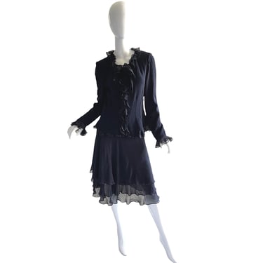 St John Evening Marie Gray Sequin Skirt Set / Ruffled Silk Black Party Skirt Set 12 