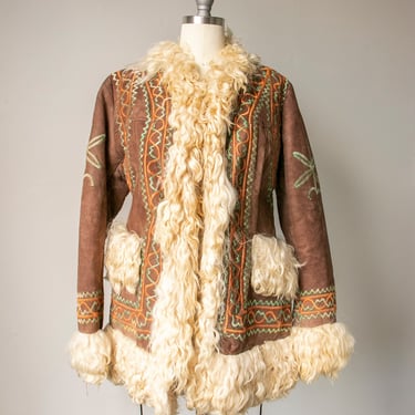 1970s Coat Embroidered Shearling Afghan Fur Sheepskin S 