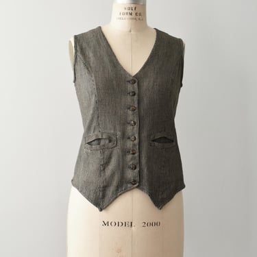 Vintage 90s Button Front Vest, Black & White Woven Tweed, L 