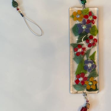 Vintage Flower Fused Glass Sun Catcher with Colorful Beads Artist Signed | Signed Art Fused Glass Garden Floral Sun Catcher | Vibrant Glass 