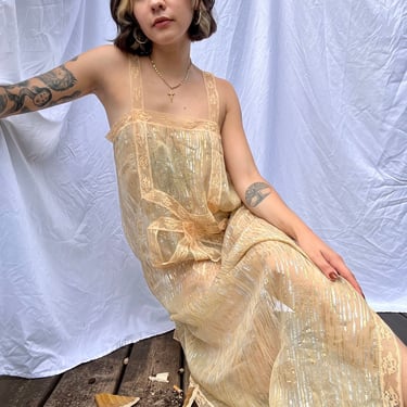1970's Vintage Nightgown / Nude Sheer Lingerie / Metallic Gold Silk Sheer Slip Dress / Sexy Wedding Night Lingerie / 1970's does 1920's 