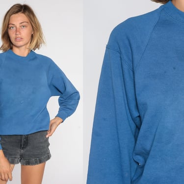 Blue Crewneck Sweatshirt 90s Raglan Plain Long Sleeve Shirt Lightly Distressed Crewneck Pullover Slouchy Vintage 80s Basic Jerzees Small S 