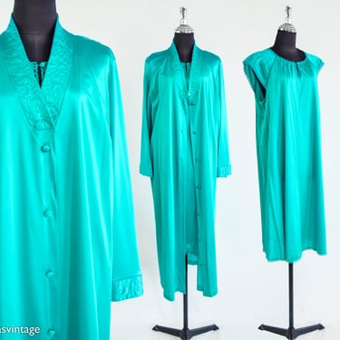 1970s Green Nightgown Peignoir Robe Set | 70s Turquoise Peignoir Set | Vanity Fair | Large 