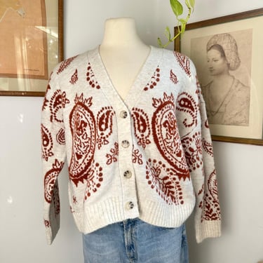 Vintage Beige Cardigan Women's Large Beige Red Paisley Floral Knit Retro Sweater | 80s Vintage Clothing | Cozy Cardigan Sweater | Gifts 